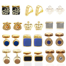 Load image into Gallery viewer, Quality Crystal Square/Round Cufflinks for mens gold  black flower/Crown/ cufflinks Top brand men&#39;s French shirt cufflinks
