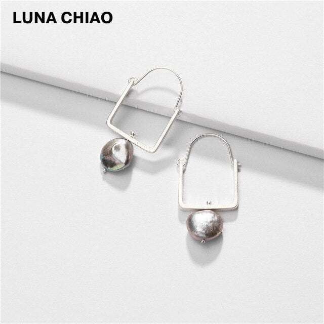 LUNA CHIAO Fashion Jewelry Worn Gold Silver Plating Square Hoop Earring with Fresh Water Pearl Pendant Charm