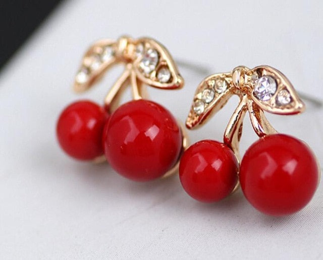 New Product Launch Fashion Korean Cute Red Cherry Leaf Beads Rhinestone Lovely Ear Stud Earrings Jewelry Earrings For Women Gift