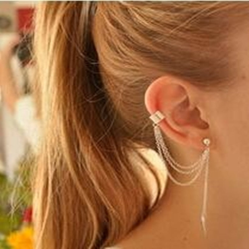 (1PCS) 2017 foreign trade new jewelry metal leaves wild personality tassel ear ear clip female   Fashion Jewellery China
